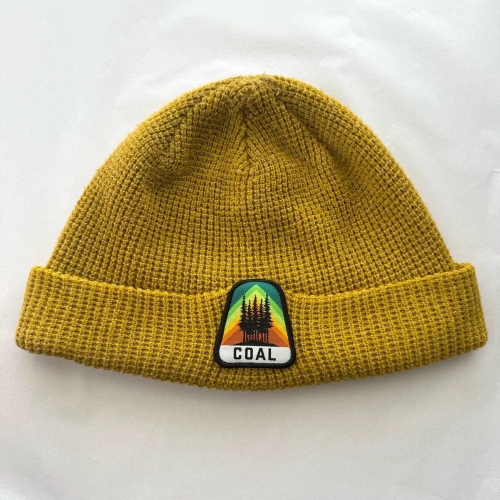 Coal Mustard Yellow Waffle Knit Beanie Rainbow Trees Patch Outdoor Hiking Unisex